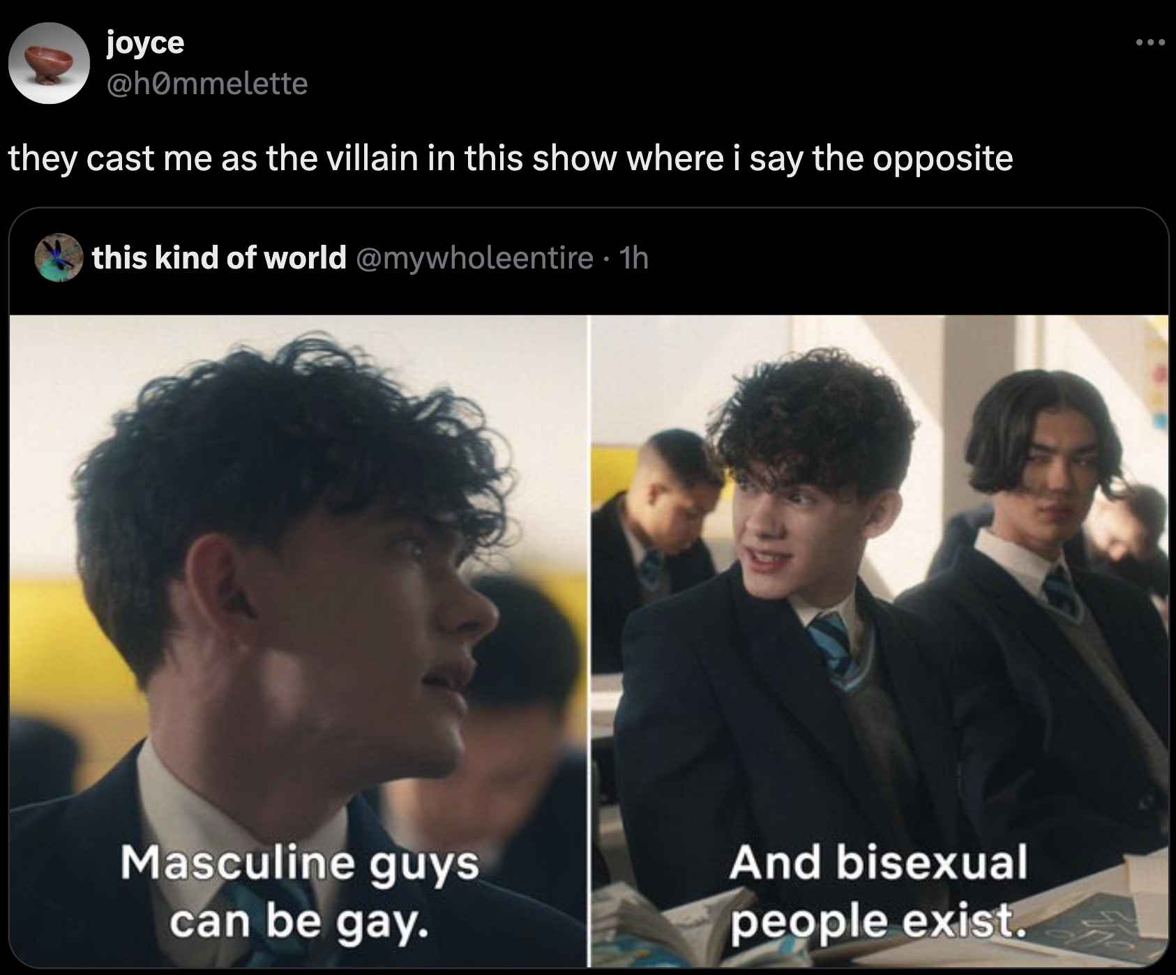 screenshot - joyce they cast me as the villain in this show where i say the opposite this kind of world 1h Masculine guys can be gay. And bisexual people exist. ...